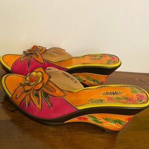 Via Veneto Boho Leather Wedge Sandals 8